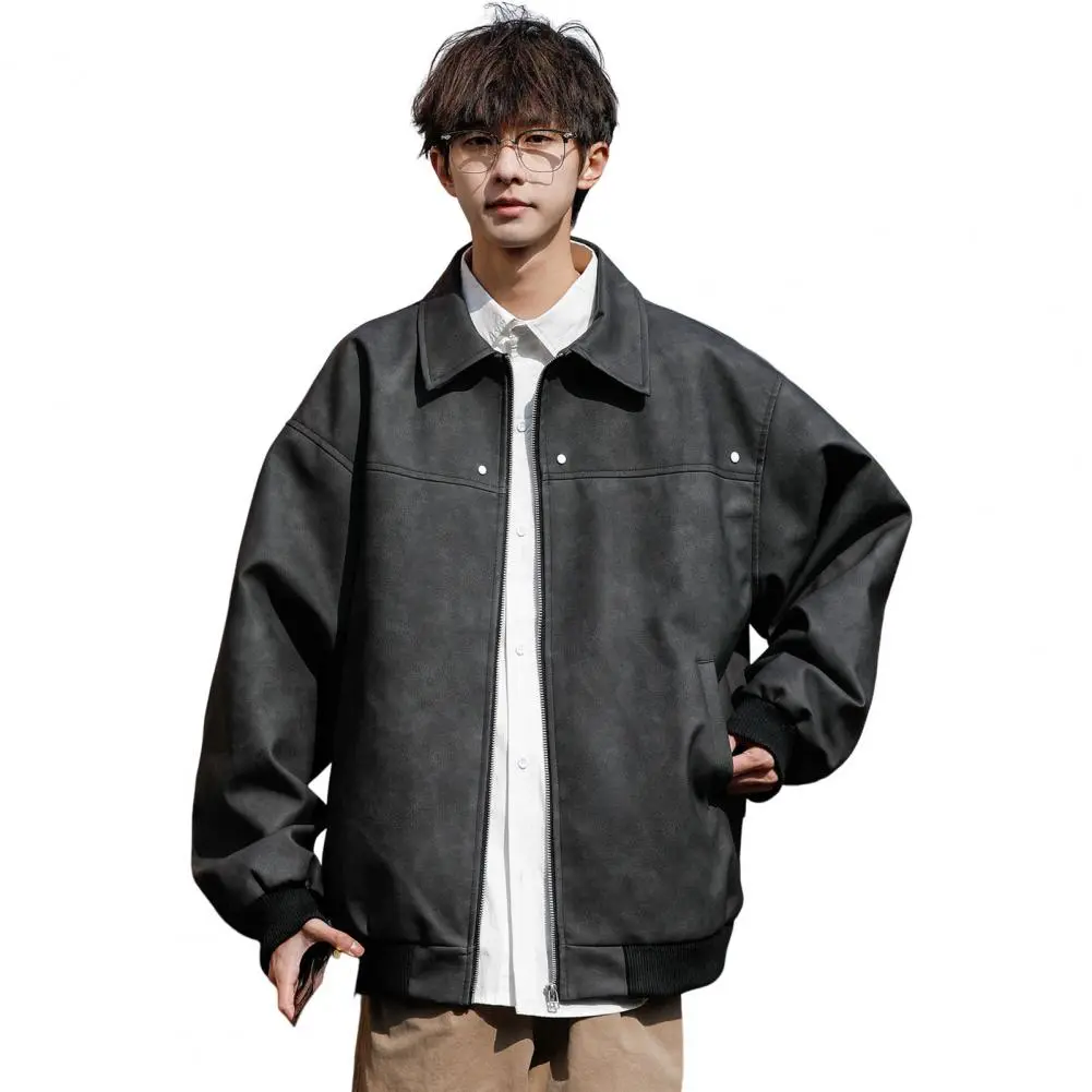Men Solid Color Jacket Autumn Jacket Stylish Lapel Men's Jacket with Full Zipper Closure Pockets Versatile Outwear for A Modern