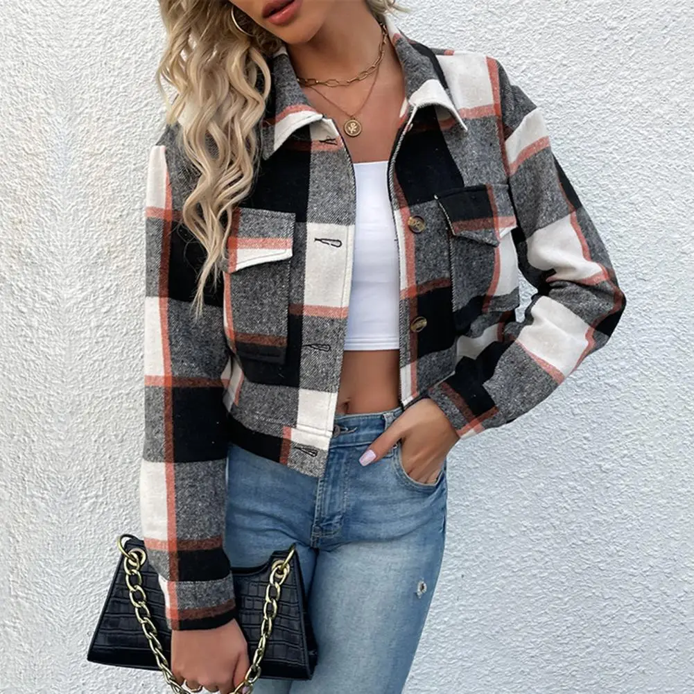 Women Fall Coat Women Long Sleeve Coat Vintage Plaid Print Women's Jacket with Lapel Pockets for Fall Winter Long Sleeve