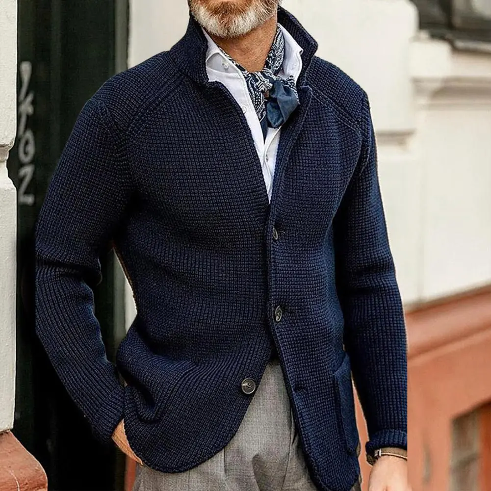 Stand Collar Men Cardigan Long Sleeve Pockets Thickened Cardigan Sweater Jackets Winter Solid Color Buttons Knitted Sweater Coat