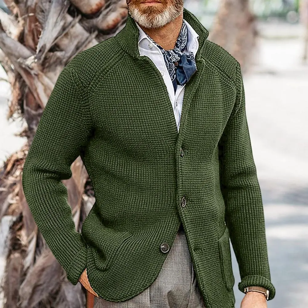 Stand Collar Men Cardigan Long Sleeve Pockets Thickened Cardigan Sweater Jackets Winter Solid Color Buttons Knitted Sweater Coat