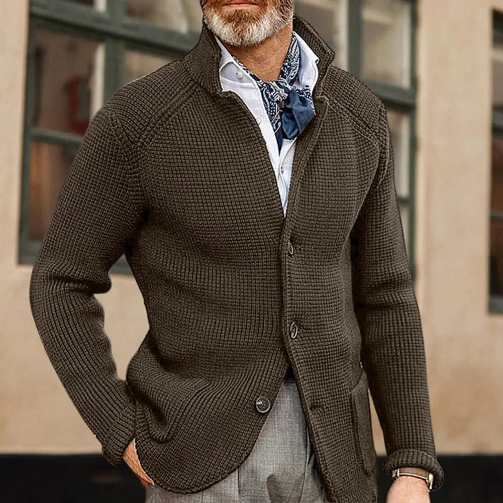 Stand Collar Men Cardigan Long Sleeve Pockets Thickened Cardigan Sweater Jackets Winter Solid Color Buttons Knitted Sweater Coat