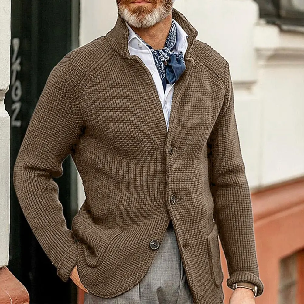 Stand Collar Men Cardigan Long Sleeve Pockets Thickened Cardigan Sweater Jackets Winter Solid Color Buttons Knitted Sweater Coat