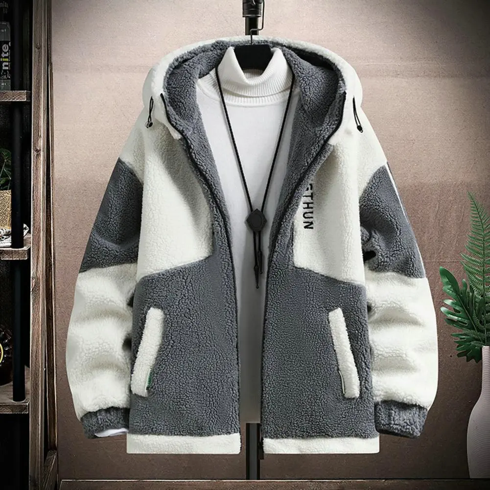 Fall Winter Men Jacket Colorblock Hooded Zipper Closure Cardigan Thick Plush Letter Decor Warm Long Sleeve Pockets Men Coat