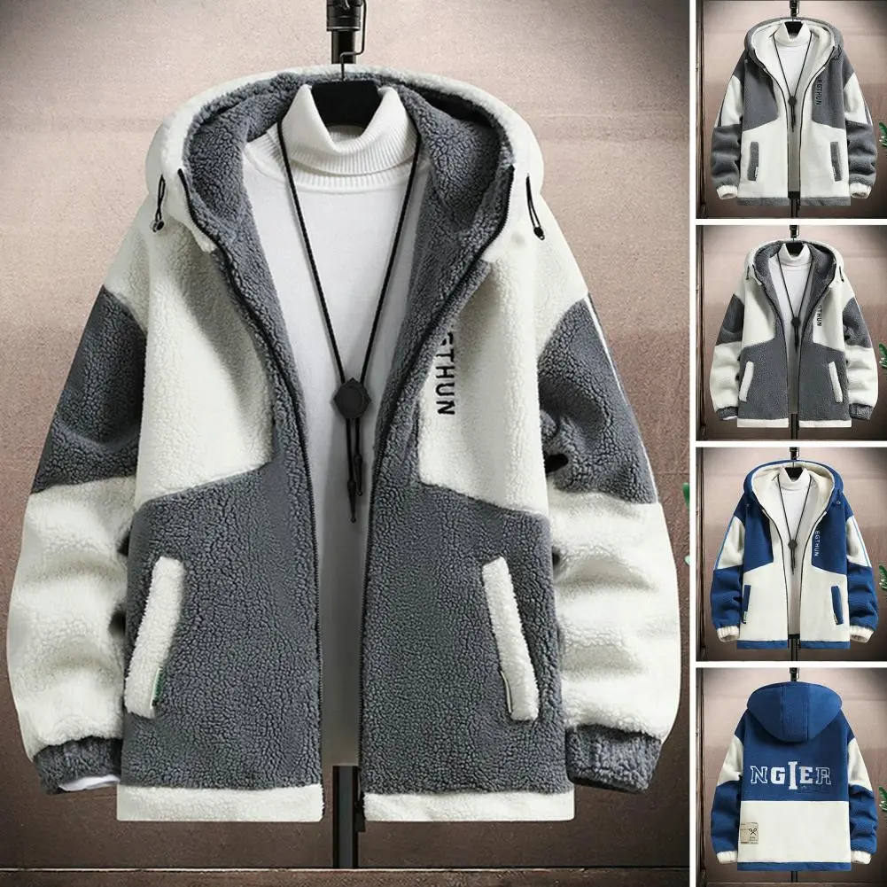 Fall Winter Men Jacket Colorblock Hooded Zipper Closure Cardigan Thick Plush Letter Decor Warm Long Sleeve Pockets Men Coat