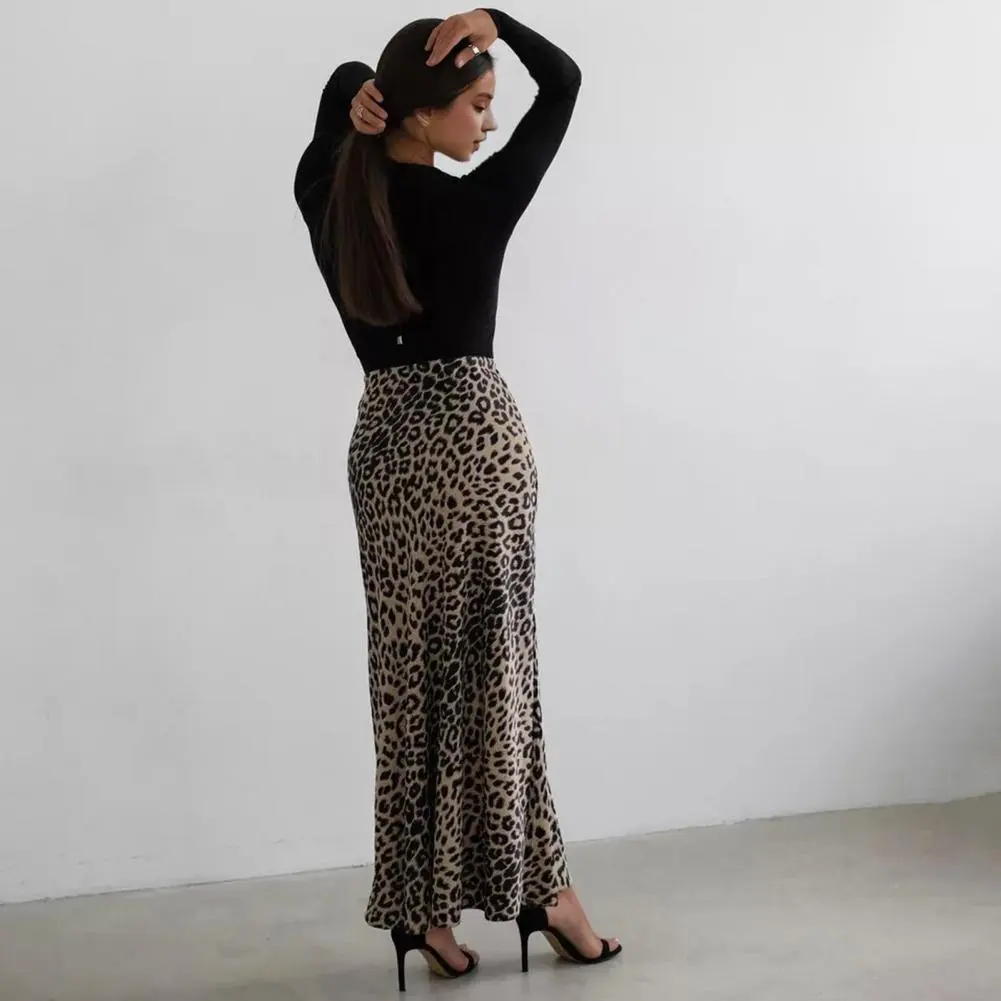 Elastic Waist Leopard Skirt Leopard Print Maxi Skirt High Waist Satin A-line Style for Women Spring Autumn Sexy Commuting Long