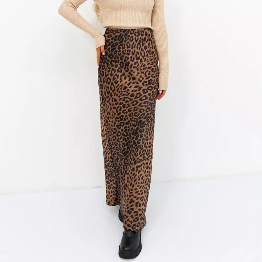 Elastic Waist Leopard Skirt Leopard Print Maxi Skirt High Waist Satin A-line Style for Women Spring Autumn Sexy Commuting Long