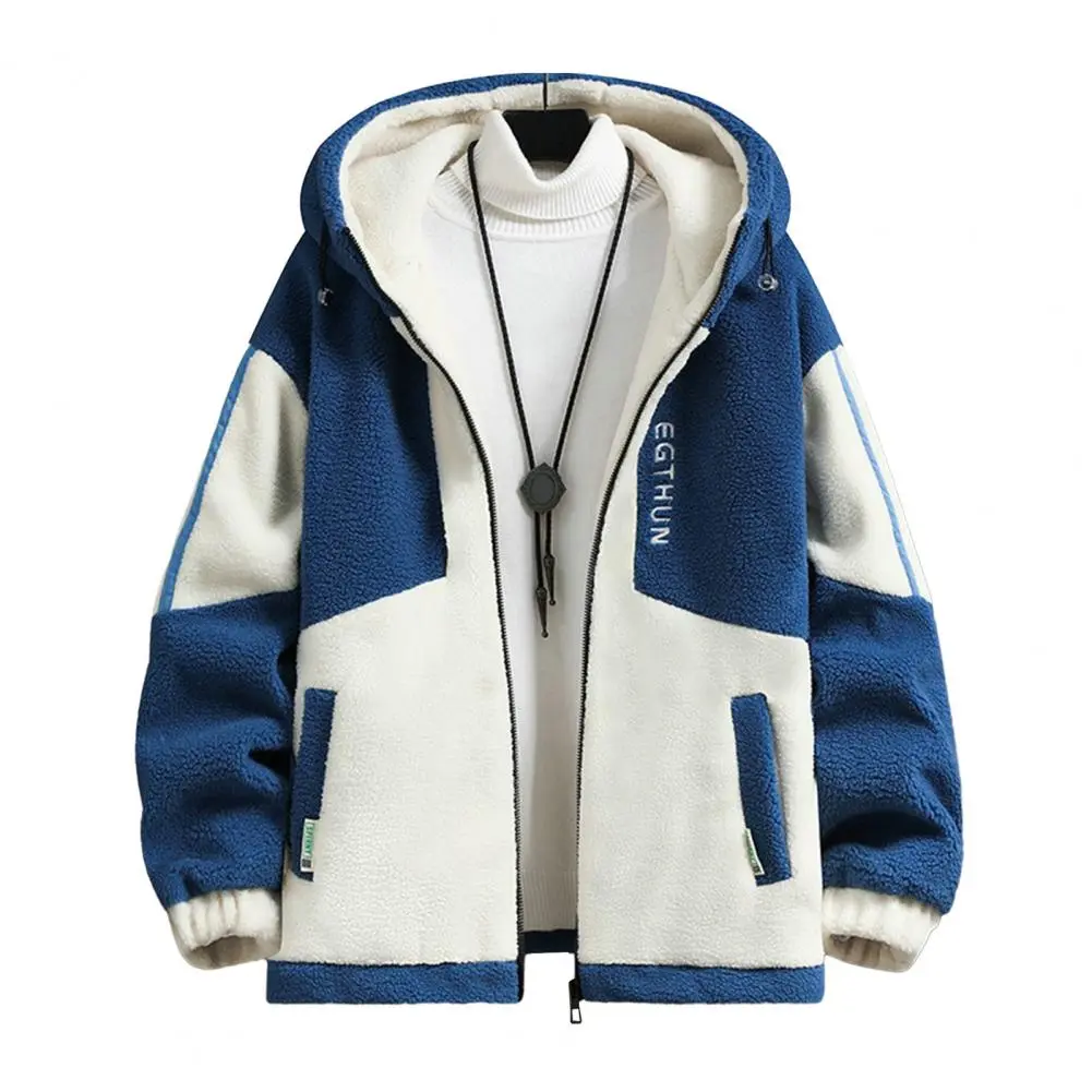 Fall Winter Men Jacket Colorblock Hooded Zipper Closure Cardigan Thick Plush Letter Decor Warm Long Sleeve Pockets Men Coat