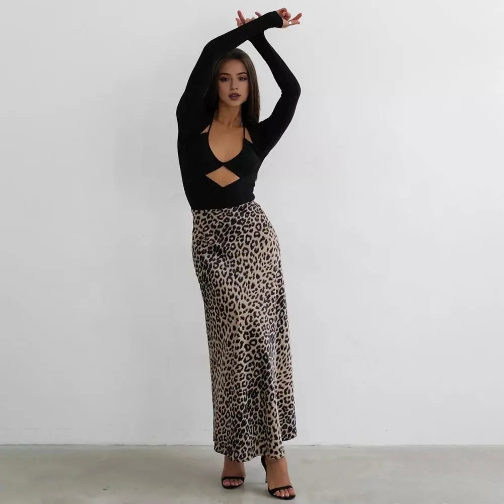 Elastic Waist Leopard Skirt Leopard Print Maxi Skirt High Waist Satin A-line Style for Women Spring Autumn Sexy Commuting Long