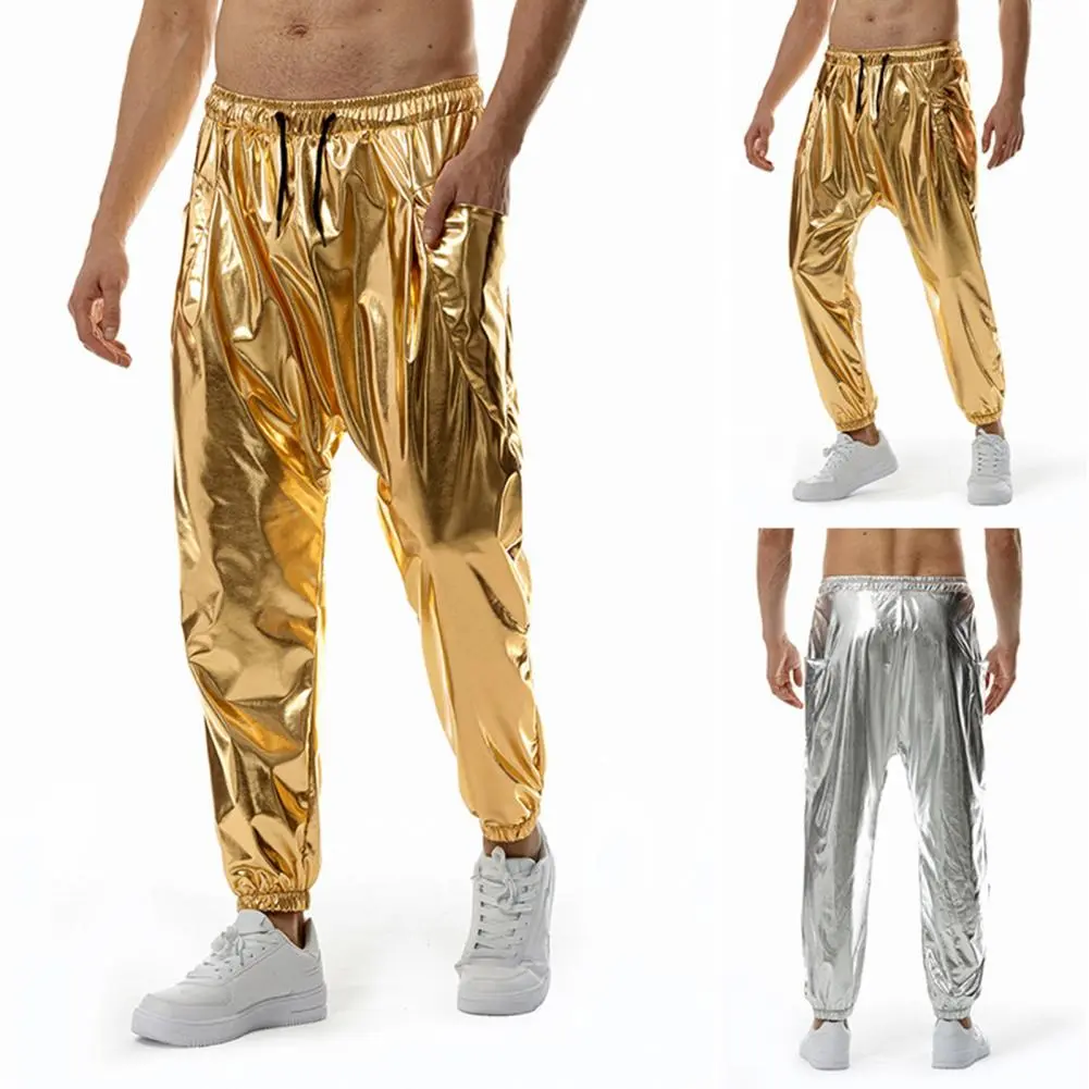 Lightweight Breathable Pants for Men Everyday Wear Polyester Pants for Men Shiny Nightclub Party Pants for Men Drawstring Waist