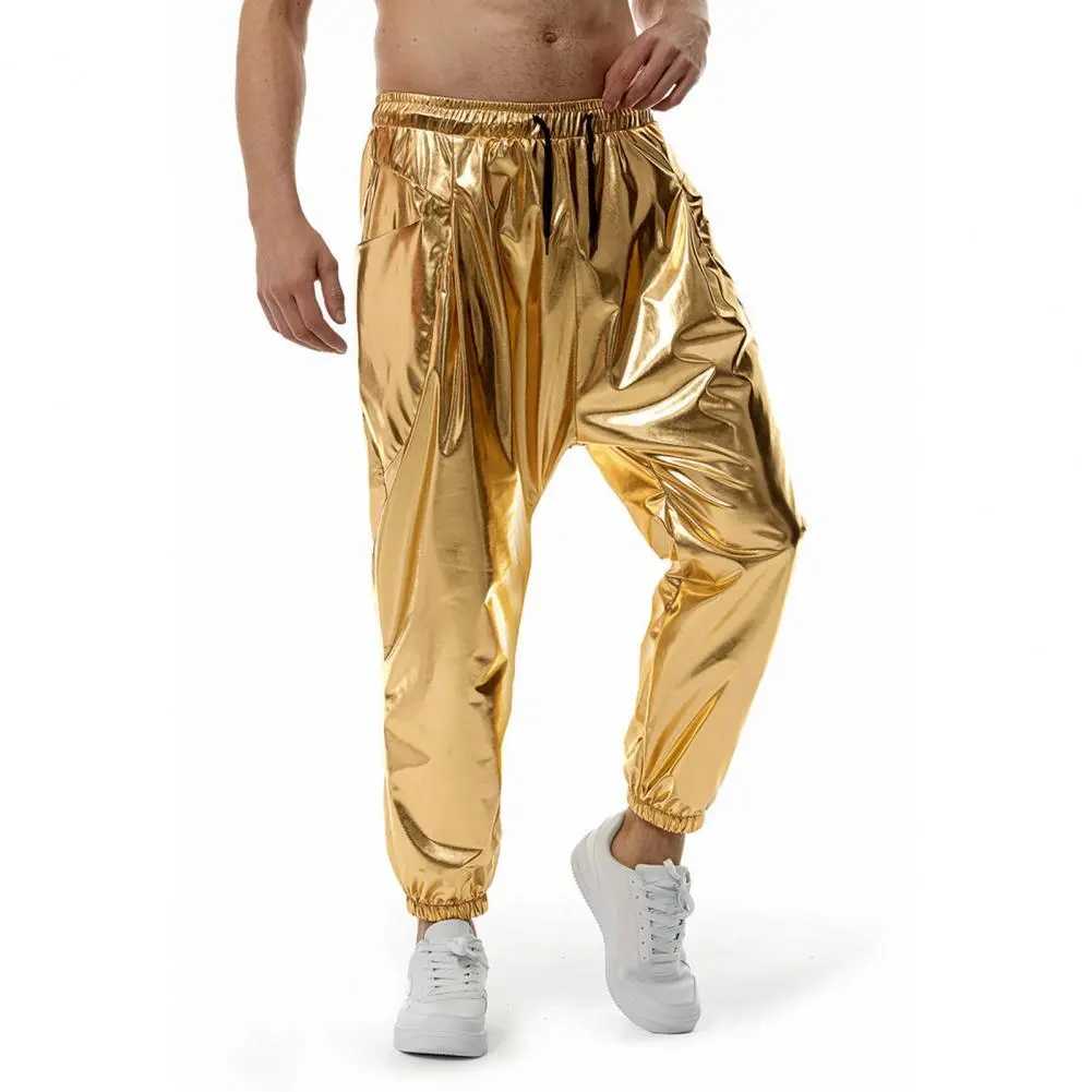 Lightweight Breathable Pants for Men Everyday Wear Polyester Pants for Men Shiny Nightclub Party Pants for Men Drawstring Waist