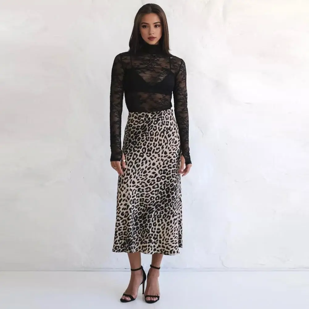 Elastic Waist Leopard Skirt Leopard Print Maxi Skirt High Waist Satin A-line Style for Women Spring Autumn Sexy Commuting Long
