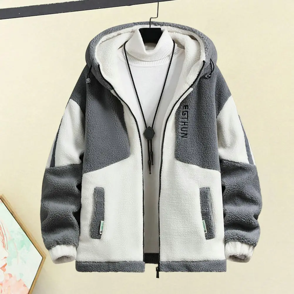 Fall Winter Men Jacket Colorblock Hooded Zipper Closure Cardigan Thick Plush Letter Decor Warm Long Sleeve Pockets Men Coat