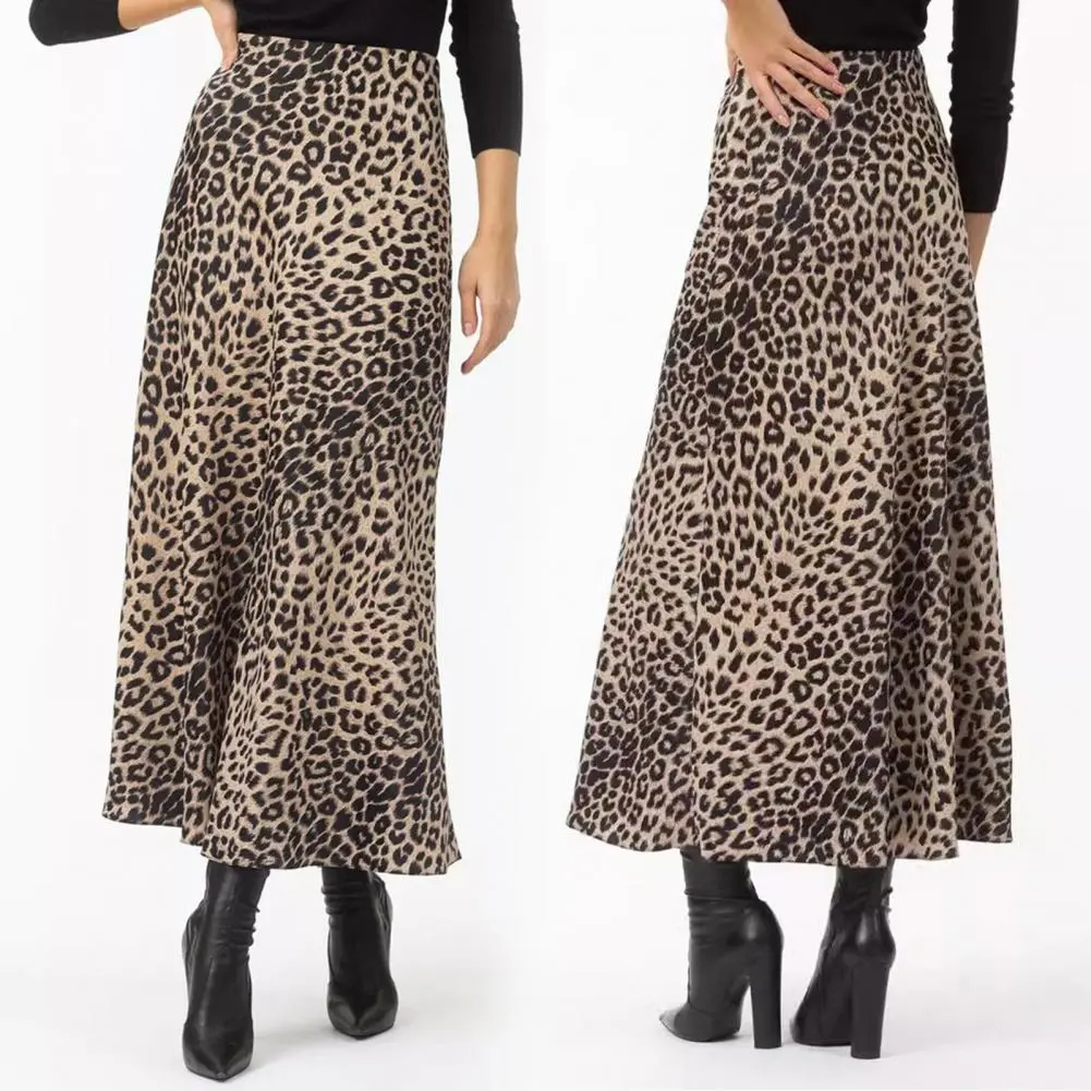 Elastic Waist Leopard Skirt Leopard Print Maxi Skirt High Waist Satin A-line Style for Women Spring Autumn Sexy Commuting Long