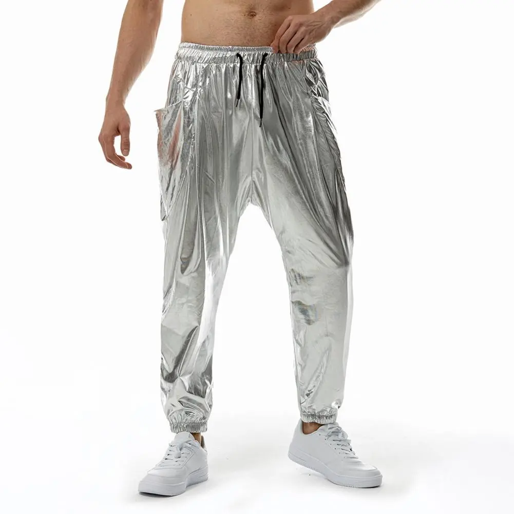 Lightweight Breathable Pants for Men Everyday Wear Polyester Pants for Men Shiny Nightclub Party Pants for Men Drawstring Waist