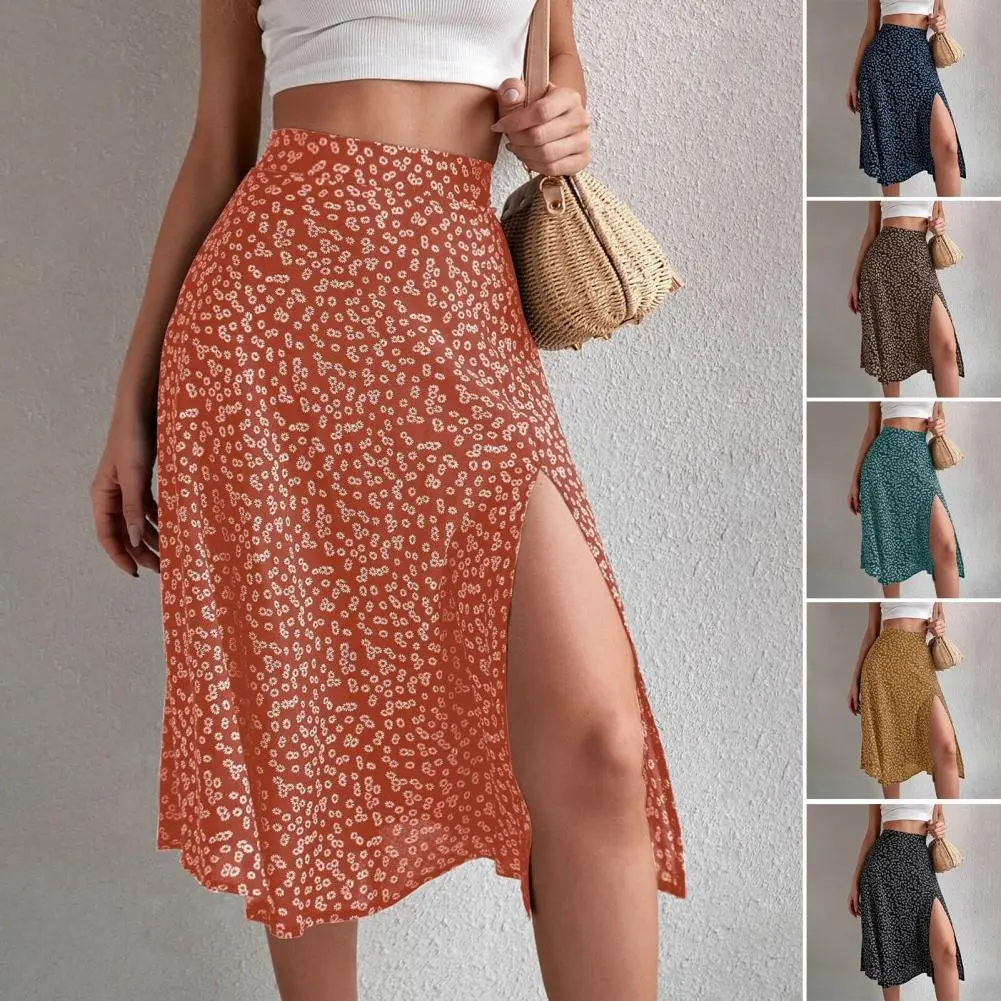 High Waist Loose Lady Midi Skirt Sheath Summer Beach Skirt Slit A-line Floral Print Women's Summer Skirt Female Clothes