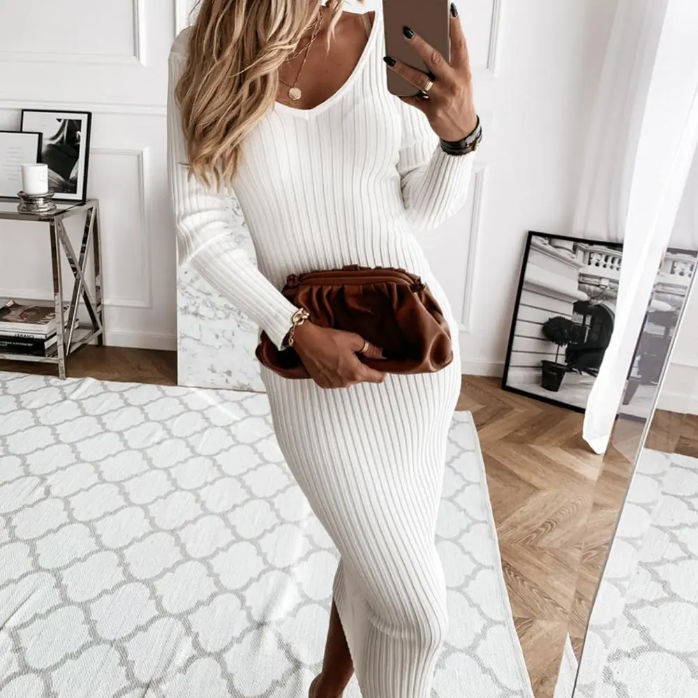 Women Autumn Knitted Dress Solid Color V Neck Long Sleeve Ribbed Knitted Bodycon Maxi Dress Women's Clothing женское платье