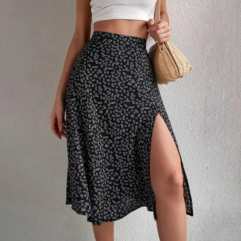 High Waist Loose Lady Midi Skirt Sheath Summer Beach Skirt Slit A-line Floral Print Women's Summer Skirt Female Clothes