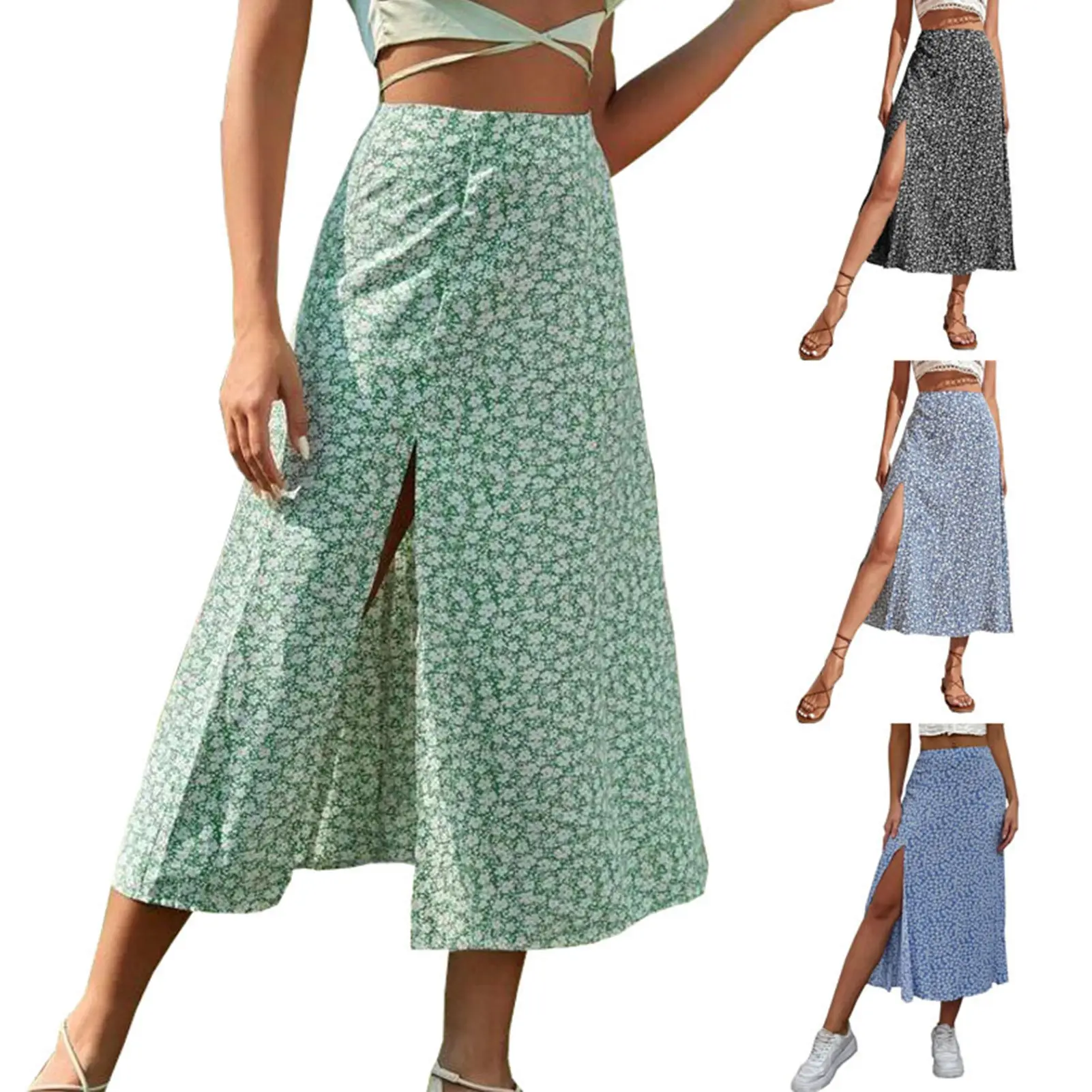 High Waist Loose Lady Midi Skirt Sheath Summer Beach Skirt Slit A-line Floral Print Women's Summer Skirt Female Clothes