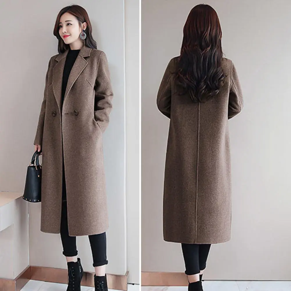 Elegant Long Wool Coat Women Classic Korean Woolen Overcoat Warmness Outwear Autumn Double Buttons Midi Length Woman Winter Coat