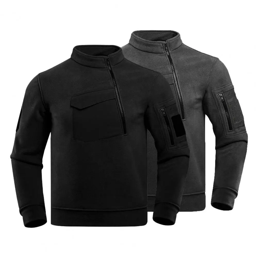 Autumn Winter Outdoor Tops Men Stand Collar Long Sleeve Thickened Fleece Lining Sweatshirt Warm Pocket Zipper Hiking Tops