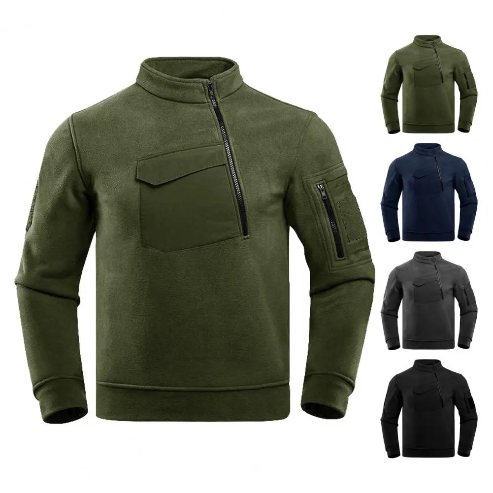 Autumn Winter Outdoor Tops Men Stand Collar Long Sleeve Thickened Fleece Lining Sweatshirt Warm Pocket Zipper Hiking Tops
