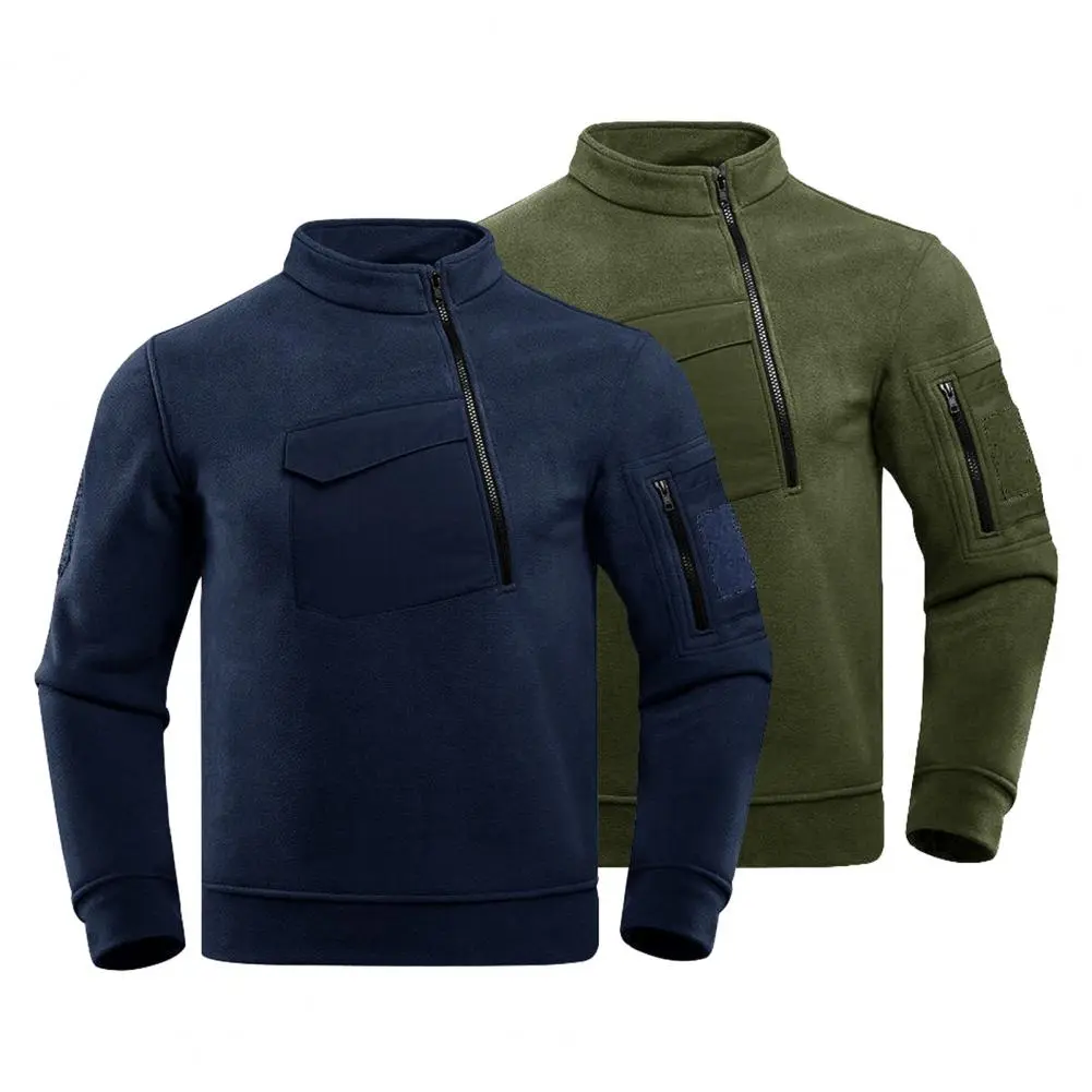Autumn Winter Outdoor Tops Men Stand Collar Long Sleeve Thickened Fleece Lining Sweatshirt Warm Pocket Zipper Hiking Tops