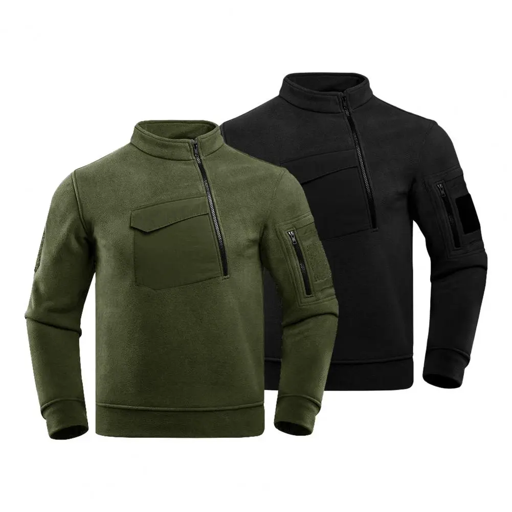 Autumn Winter Outdoor Tops Men Stand Collar Long Sleeve Thickened Fleece Lining Sweatshirt Warm Pocket Zipper Hiking Tops