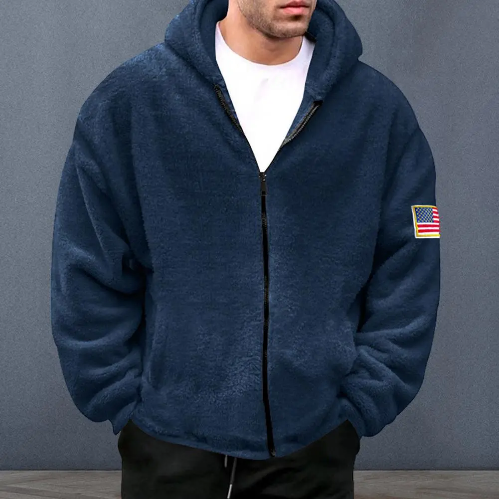 Winter Fall Men Coat Thick Plush Hooded Solid Color Zipper Closure Long Sleeve Cardigan Badge Decor Mid Length Winter Jacket