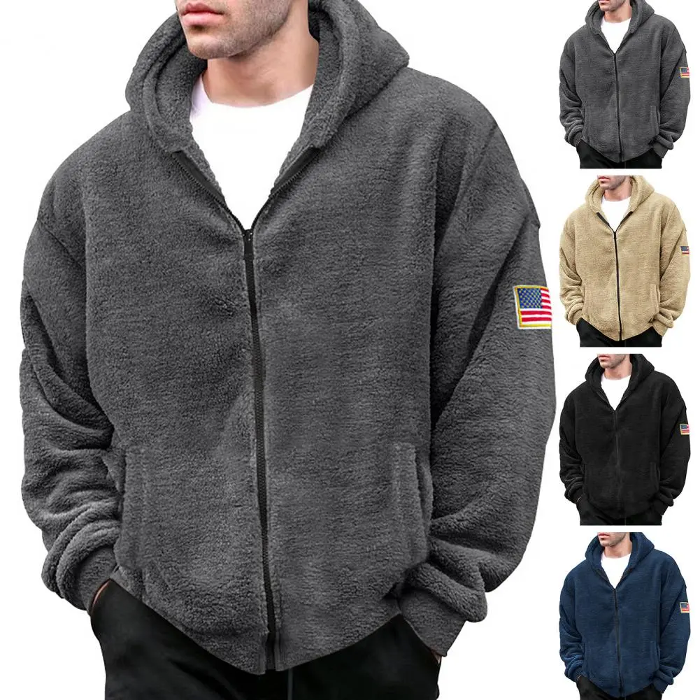 Winter Fall Men Coat Thick Plush Hooded Solid Color Zipper Closure Long Sleeve Cardigan Badge Decor Mid Length Winter Jacket