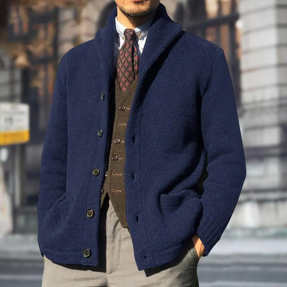 Men's Cardigan Sweater Long Sleeve Pockets Thickened Knitted Cardigan Male Autumn Winter Solid Color Buttons Knitted Coat