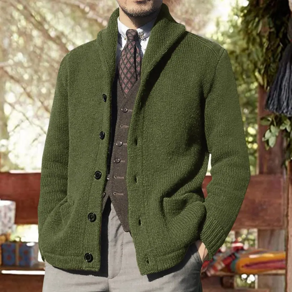 Men's Cardigan Sweater Long Sleeve Pockets Thickened Knitted Cardigan Male Autumn Winter Solid Color Buttons Knitted Coat