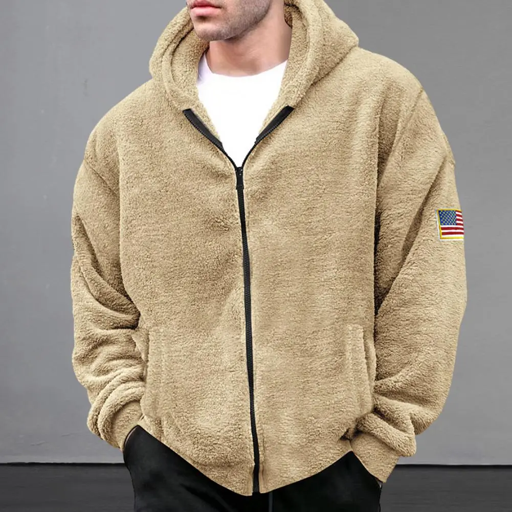 Winter Fall Men Coat Thick Plush Hooded Solid Color Zipper Closure Long Sleeve Cardigan Badge Decor Mid Length Winter Jacket
