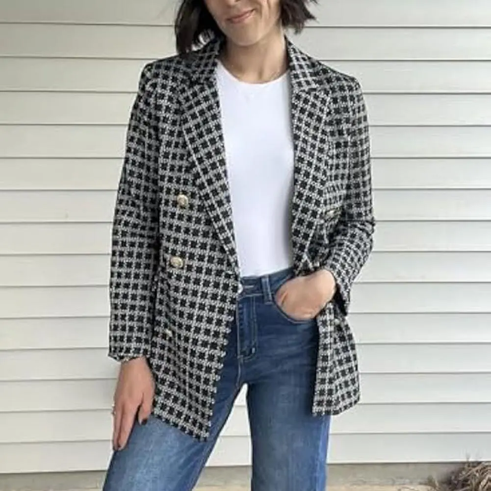 Business Casual Suit Coat Mid-length Suit Coat Elegant Women's Double-breasted Business Jacket with Lapel Flap for Professional