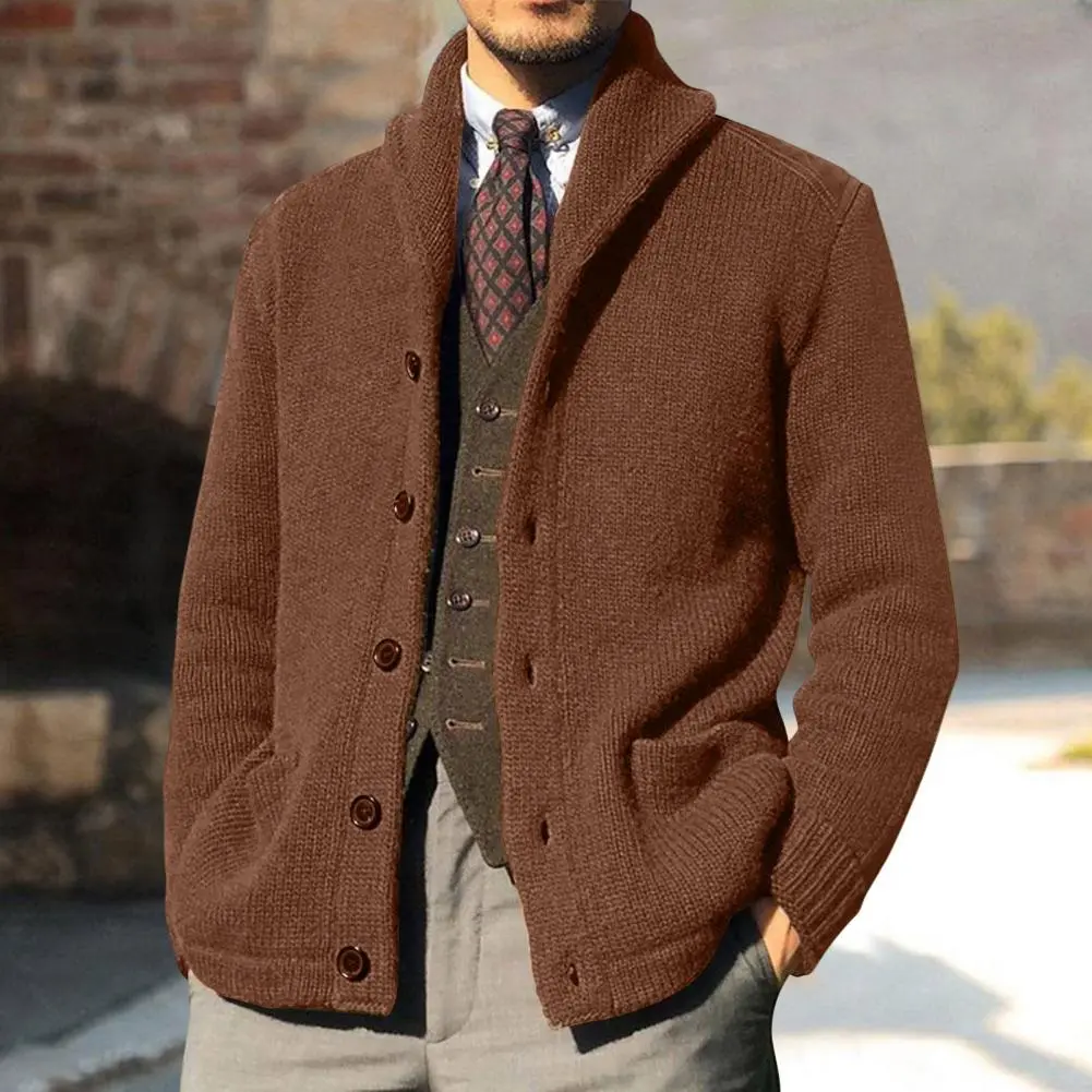 Men's Cardigan Sweater Long Sleeve Pockets Thickened Knitted Cardigan Male Autumn Winter Solid Color Buttons Knitted Coat