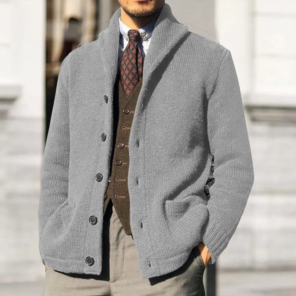 Men's Cardigan Sweater Long Sleeve Pockets Thickened Knitted Cardigan Male Autumn Winter Solid Color Buttons Knitted Coat