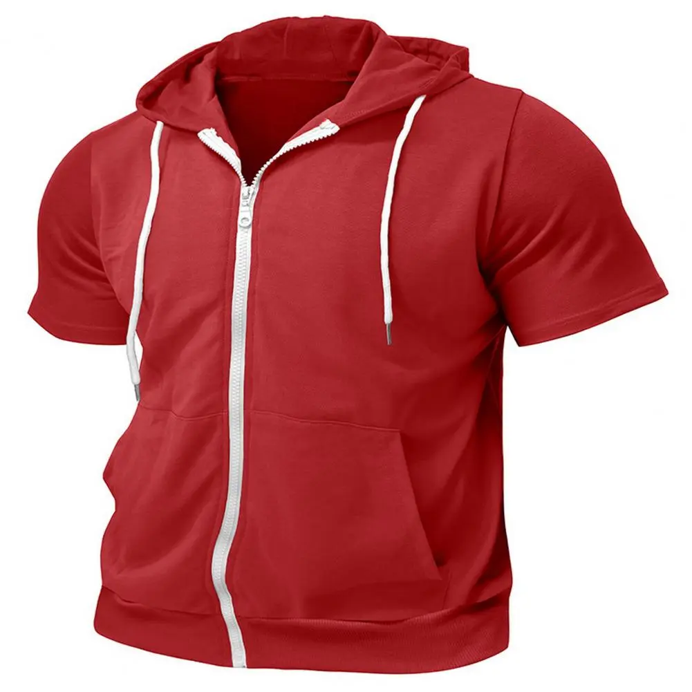 Men Polyester T-shirt Soft Fabric Hooded Short-sleeve Top Men's Summer Zip-up Hooded T-shirt Lightweight Short Sleeve for Daily