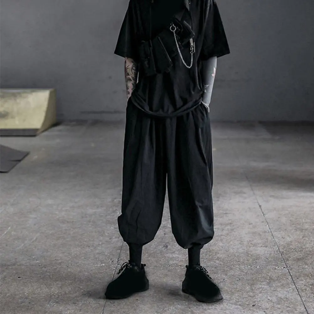 Japanese Style Men Bloomers Loose Solid Color Drawstring Elastic Waist Harem Pants Ankle-banded Hip Hop Long Trousers