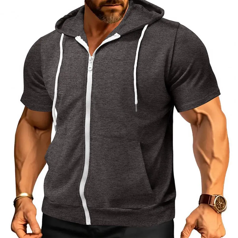 Men Polyester T-shirt Soft Fabric Hooded Short-sleeve Top Men's Summer Zip-up Hooded T-shirt Lightweight Short Sleeve for Daily