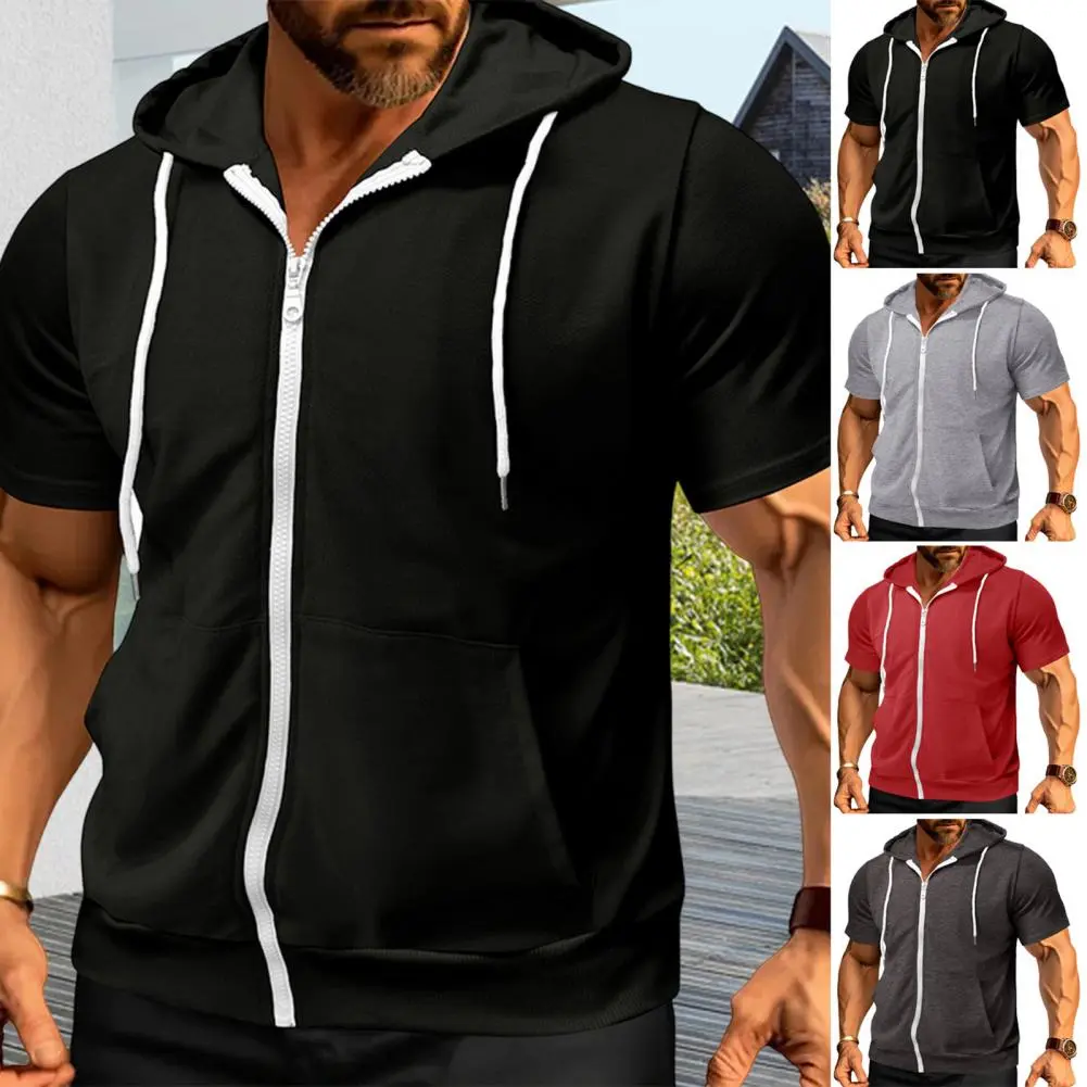 Men Polyester T-shirt Soft Fabric Hooded Short-sleeve Top Men's Summer Zip-up Hooded T-shirt Lightweight Short Sleeve for Daily