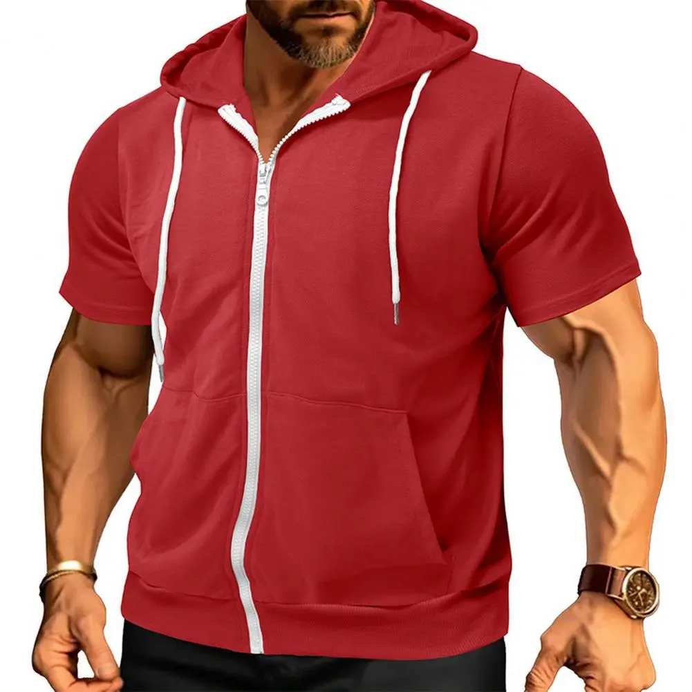 Men Polyester T-shirt Soft Fabric Hooded Short-sleeve Top Men's Summer Zip-up Hooded T-shirt Lightweight Short Sleeve for Daily