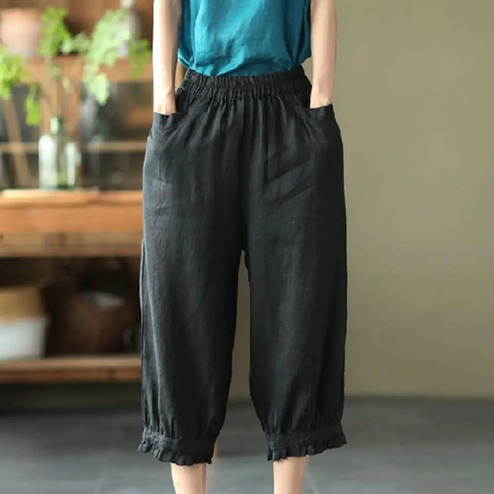 Women Harem Pants High Elastic Waist Solid Color Mid-calf Length Pants Retro Casual Lady Summer Spring Cropped Trousers