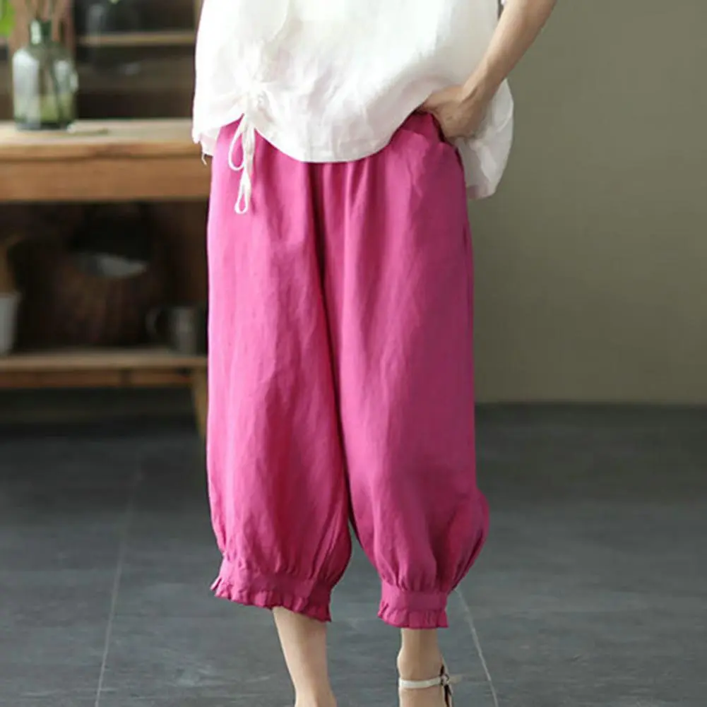 Women Harem Pants High Elastic Waist Solid Color Mid-calf Length Pants Retro Casual Lady Summer Spring Cropped Trousers