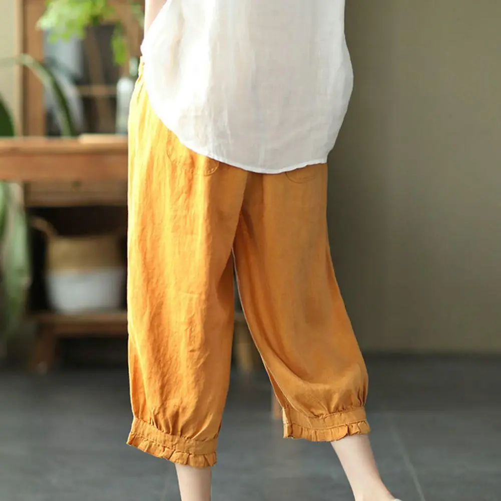 Women Harem Pants High Elastic Waist Solid Color Mid-calf Length Pants Retro Casual Lady Summer Spring Cropped Trousers