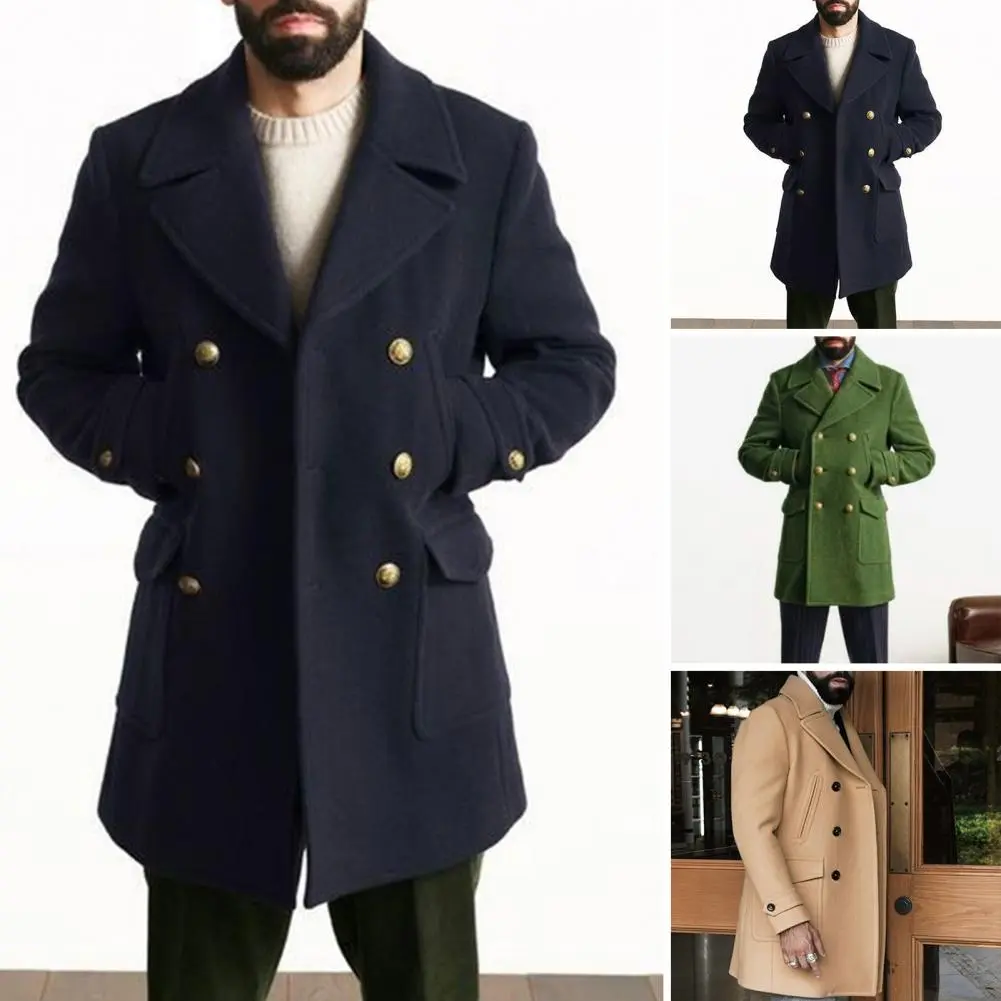 Fall Winter Trench Coat Men Double-braested Thick Long Sleeve Woolen Coat Notch Collar British Style Mid Length Men Jacket
