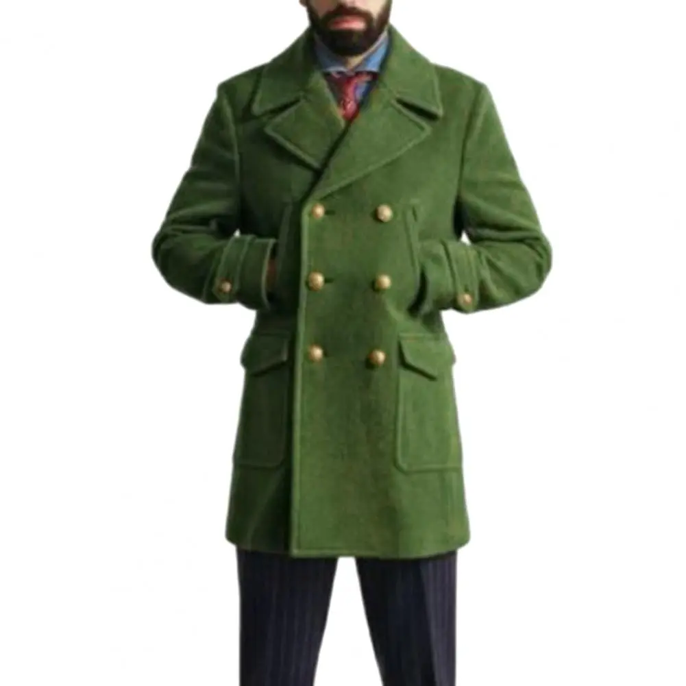 Fall Winter Trench Coat Men Double-braested Thick Long Sleeve Woolen Coat Notch Collar British Style Mid Length Men Jacket