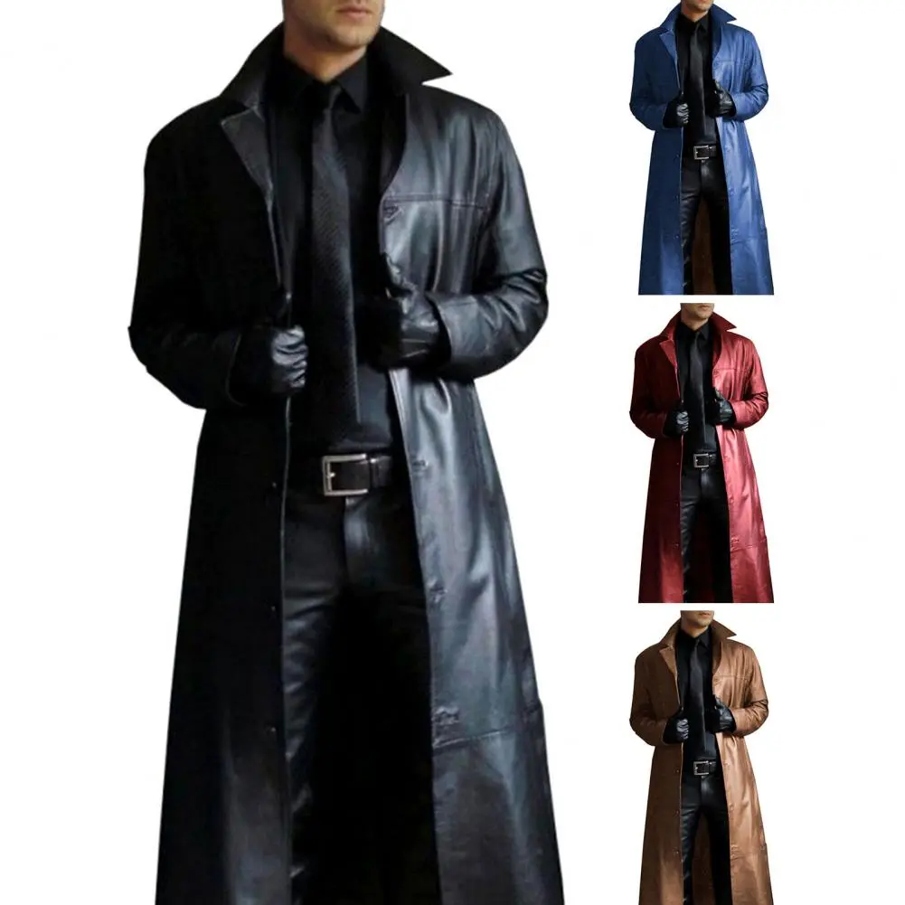 Men Jacket Turn-down Collar Smooth Solid Color Faux Leather Coat Windproof Slim Fit Long Sleeve Men Trench Coat
