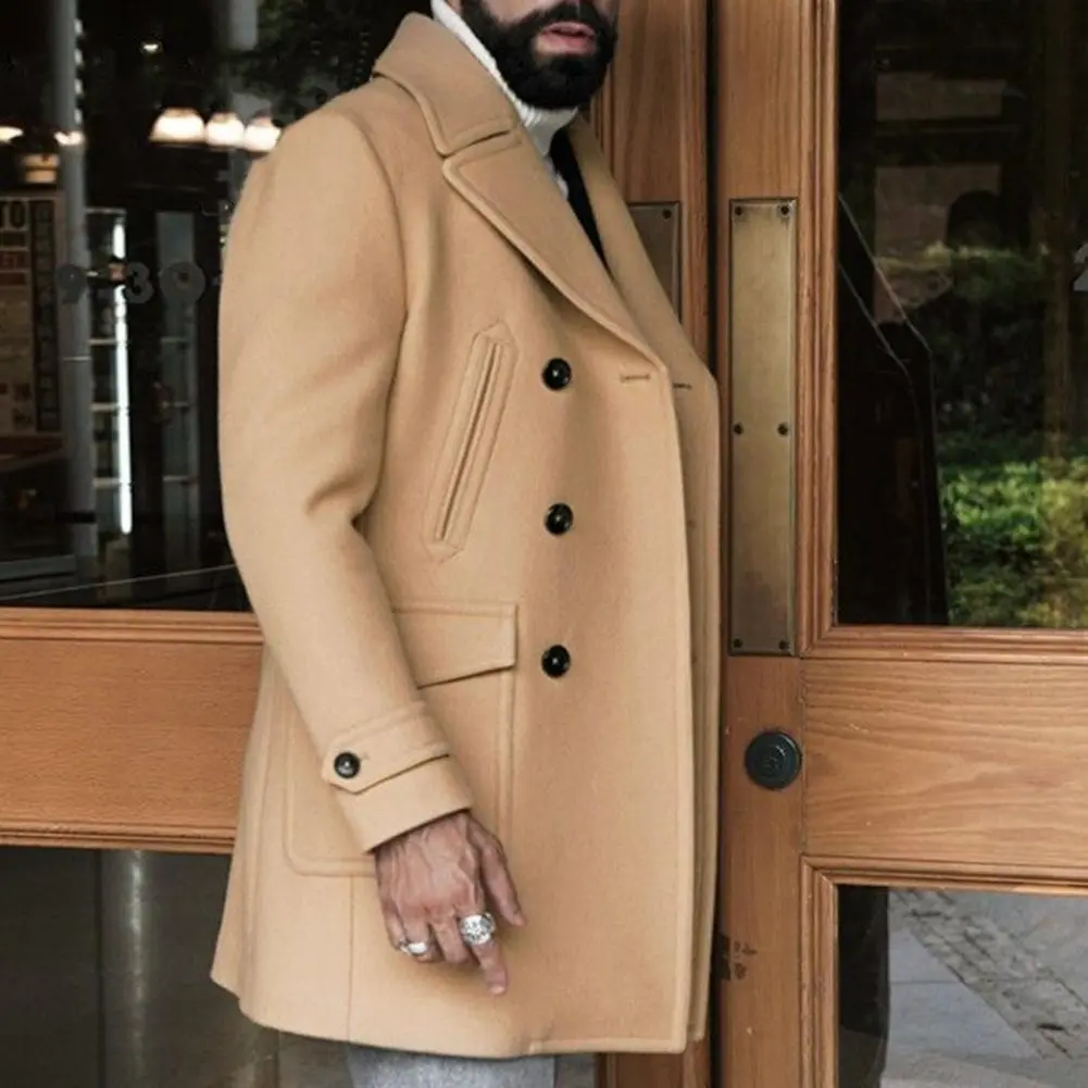 Fall Winter Trench Coat Men Double-braested Thick Long Sleeve Woolen Coat Notch Collar British Style Mid Length Men Jacket