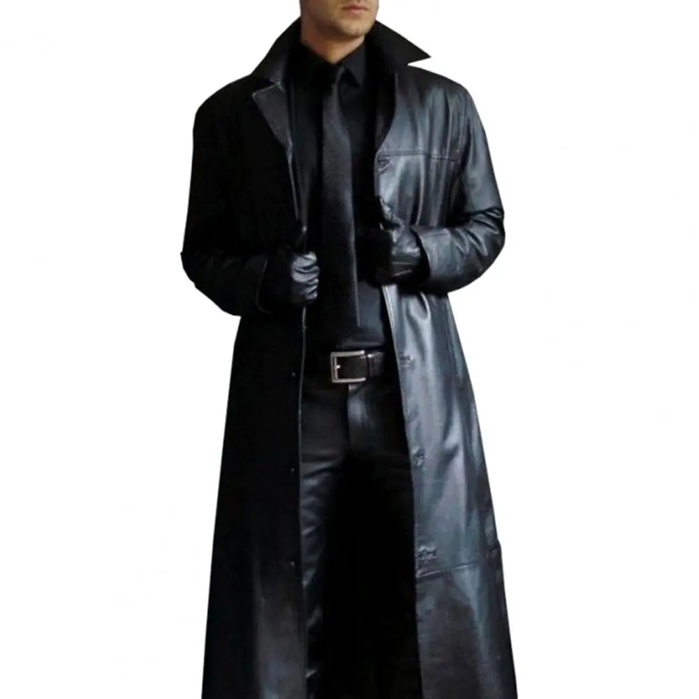Men Jacket Turn-down Collar Smooth Solid Color Faux Leather Coat Windproof Slim Fit Long Sleeve Men Trench Coat