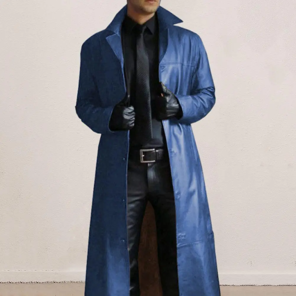 Men Jacket Turn-down Collar Smooth Solid Color Faux Leather Coat Windproof Slim Fit Long Sleeve Men Trench Coat