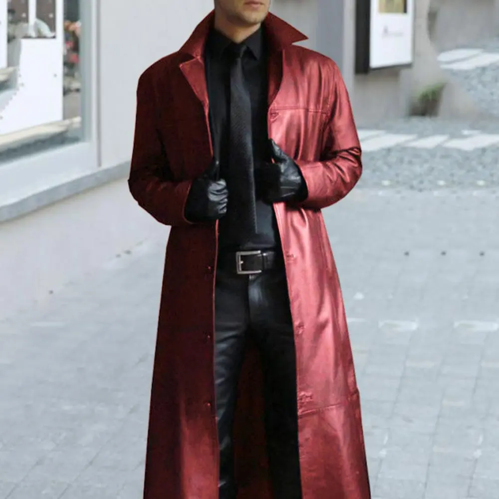 Men Jacket Turn-down Collar Smooth Solid Color Faux Leather Coat Windproof Slim Fit Long Sleeve Men Trench Coat